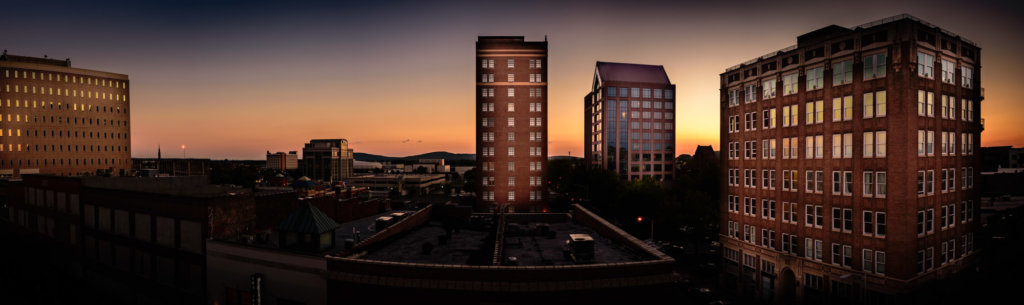 Panoramic Image of downtown Huntsville at sunset.