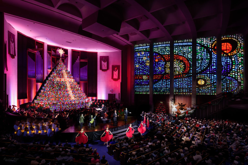 A composite phots of The Living Christmas Tree at First Baptist Church Huntsville Alabama December 2018